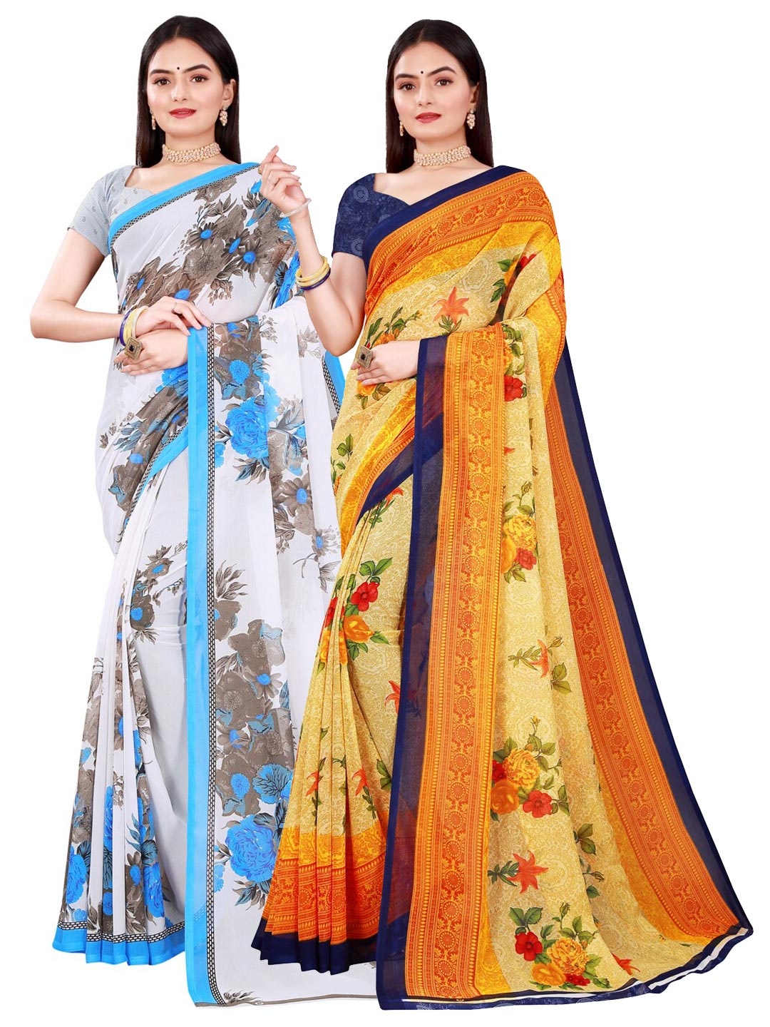 

SAADHVI Beige & White Pack of 2 Printed Pure Georgette Saree