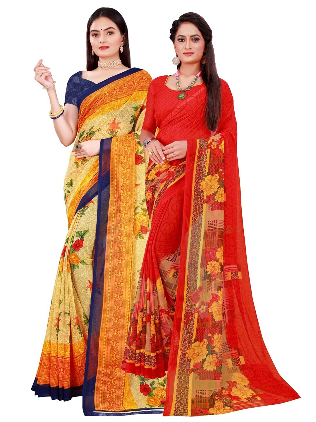 

SAADHVI Pack of 2 Red & Beige Ethnic Motifs Pure Georgette Saree