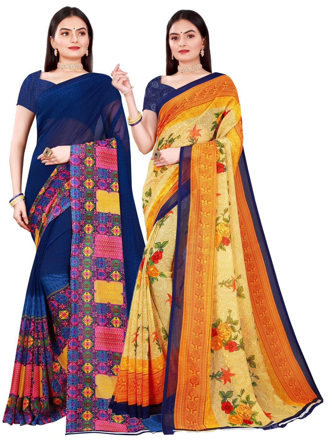 

SAADHVI Navy Blue & Yellow Pack of 2 Pure Georgette Saree