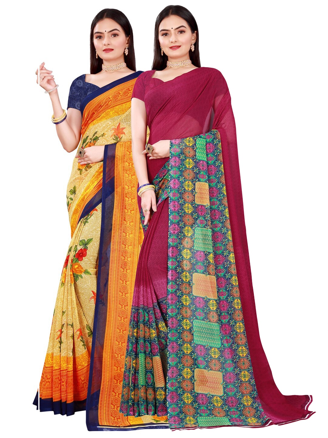 

SAADHVI Set Of 2 Beige & Pink Pure Georgette Saree