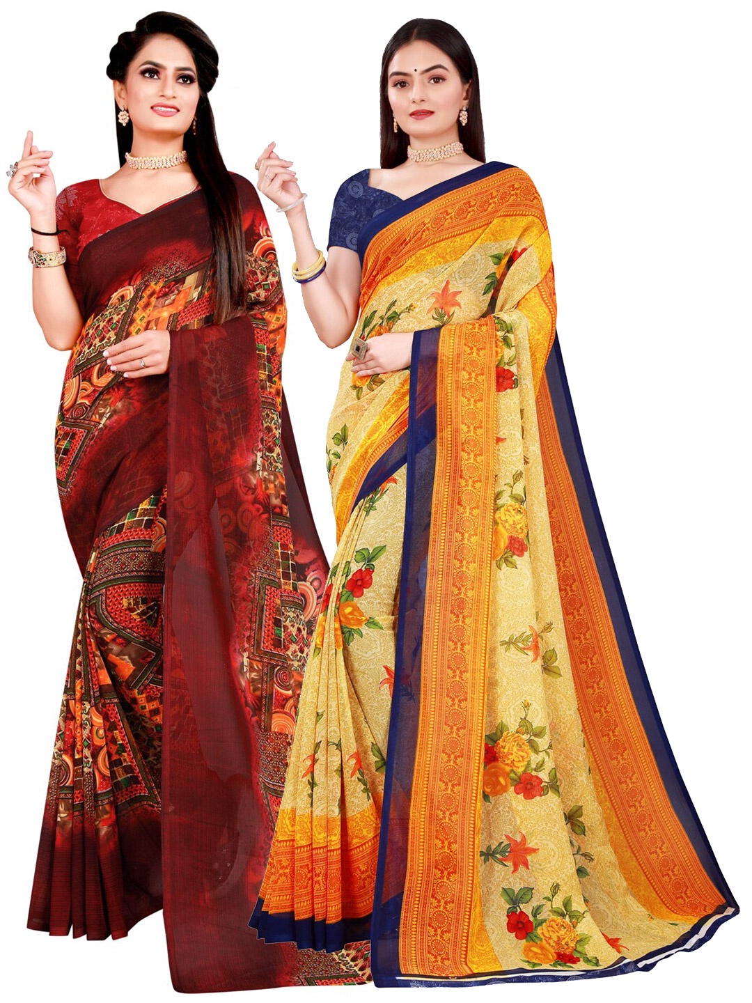 

SAADHVI Set Of 2 Beige & Maroon Floral Pure Georgette Saree