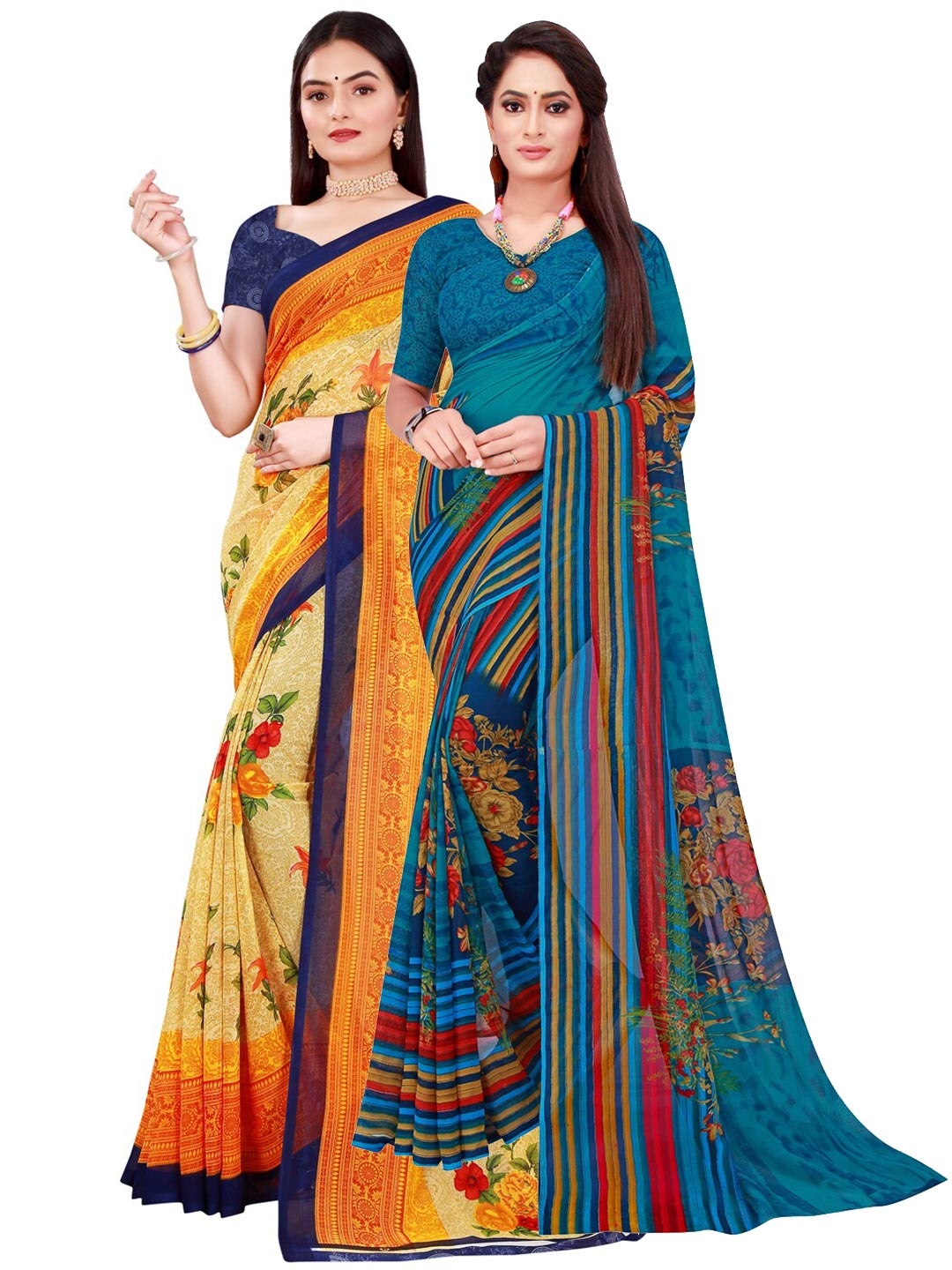

SAADHVI Beige & Blue Floral Pure Georgette Saree Pack of 2