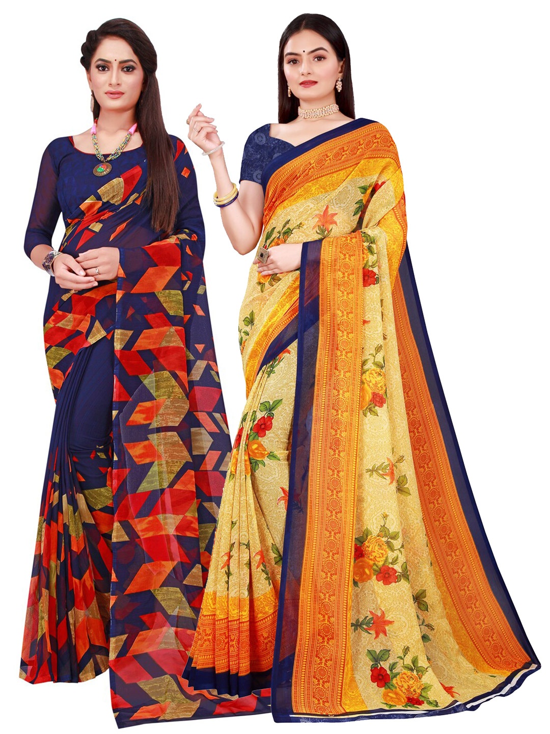 

SAADHVI Pack Of 2 Red & Navy Blue Pure Georgette Saree