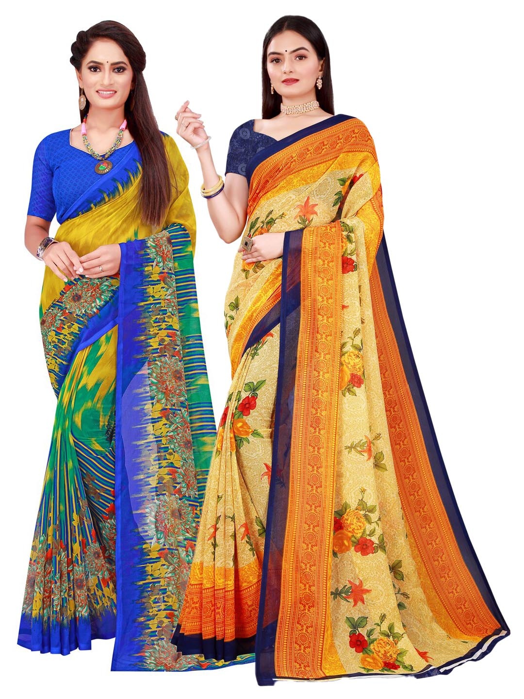 SAADHVI Pack Of 2 Women Beige & Blue Floral Pure Georgette Saree