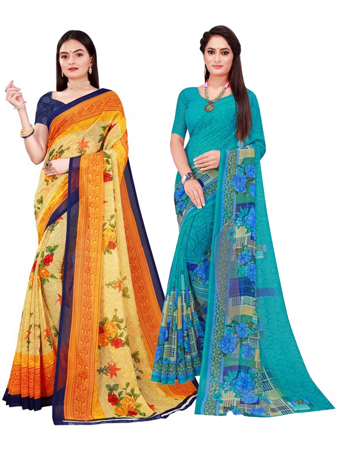 

SAADHVI Set of 2 Yellow & Blue Floral Pure Georgette Saree