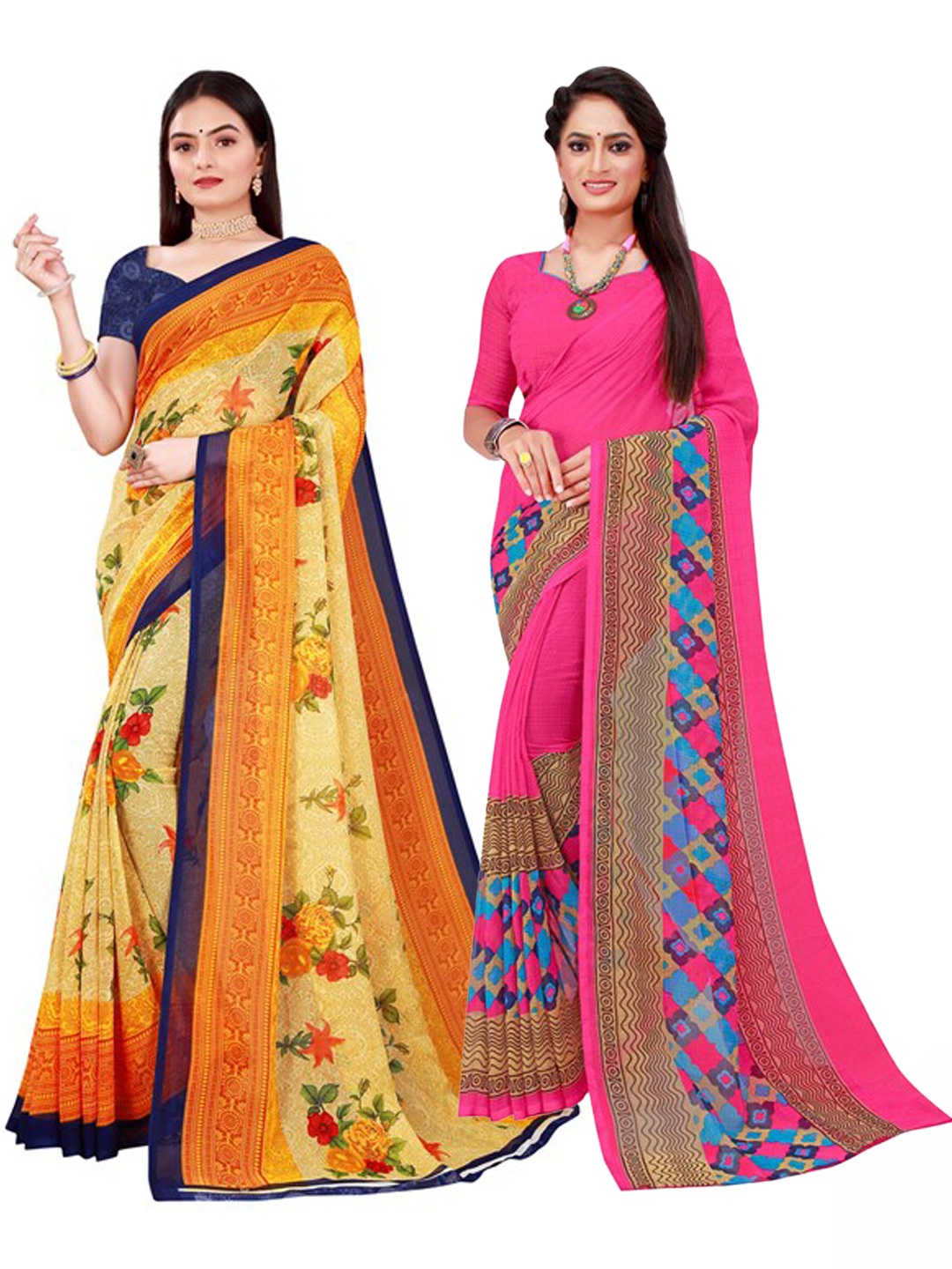 

SAADHVI Pack of 2 Beige & Pink Floral Pure Georgette Saree