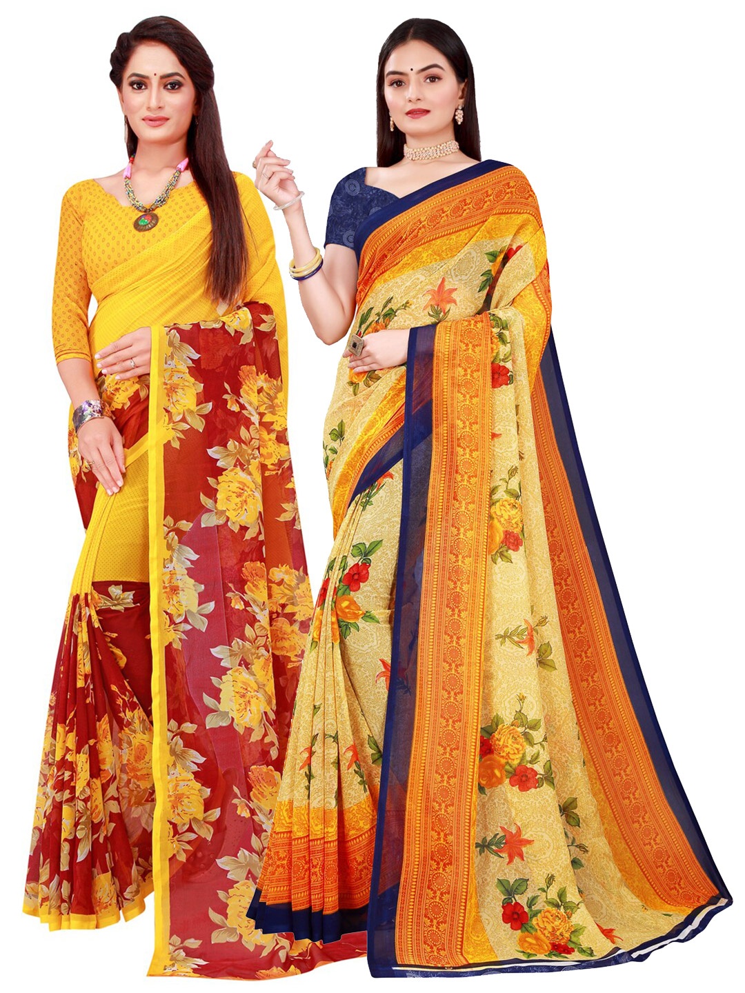 

SAADHVI Pack Of 2 Beige & Yellow Floral Pure Georgette Saree