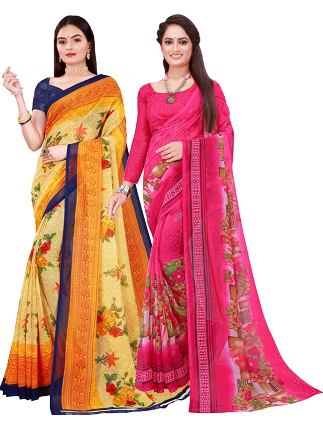 

SAADHVI Pack of 2 Beige & Pink Floral Pure Georgette Saree