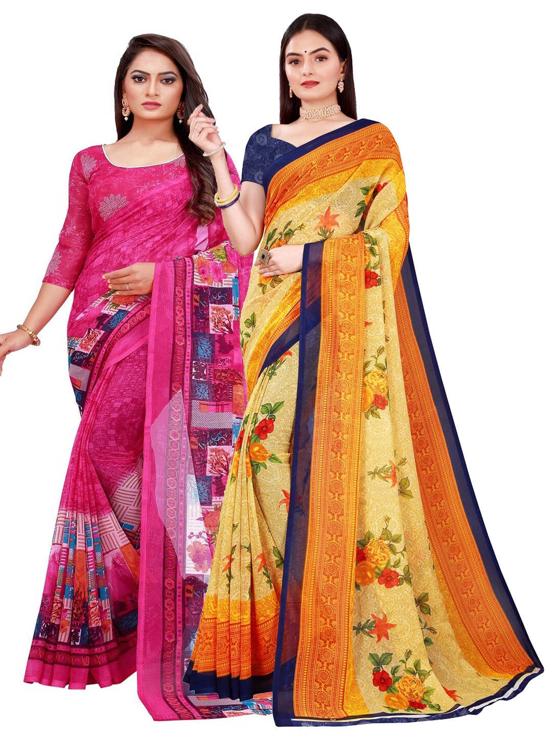 

SAADHVI Women's Georgette Set Of 2 Beige And Pink Printed Saree With Unstithed Blouse