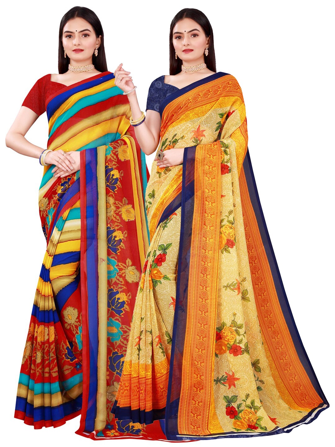 SAADHVI Pack of 2 women Yellow & Orange Floral Pure Georgette Saree