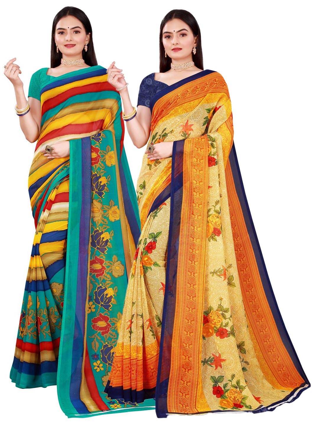 

SAADHVI Pack of 2 Beige & Blue Floral Pure Georgette Saree