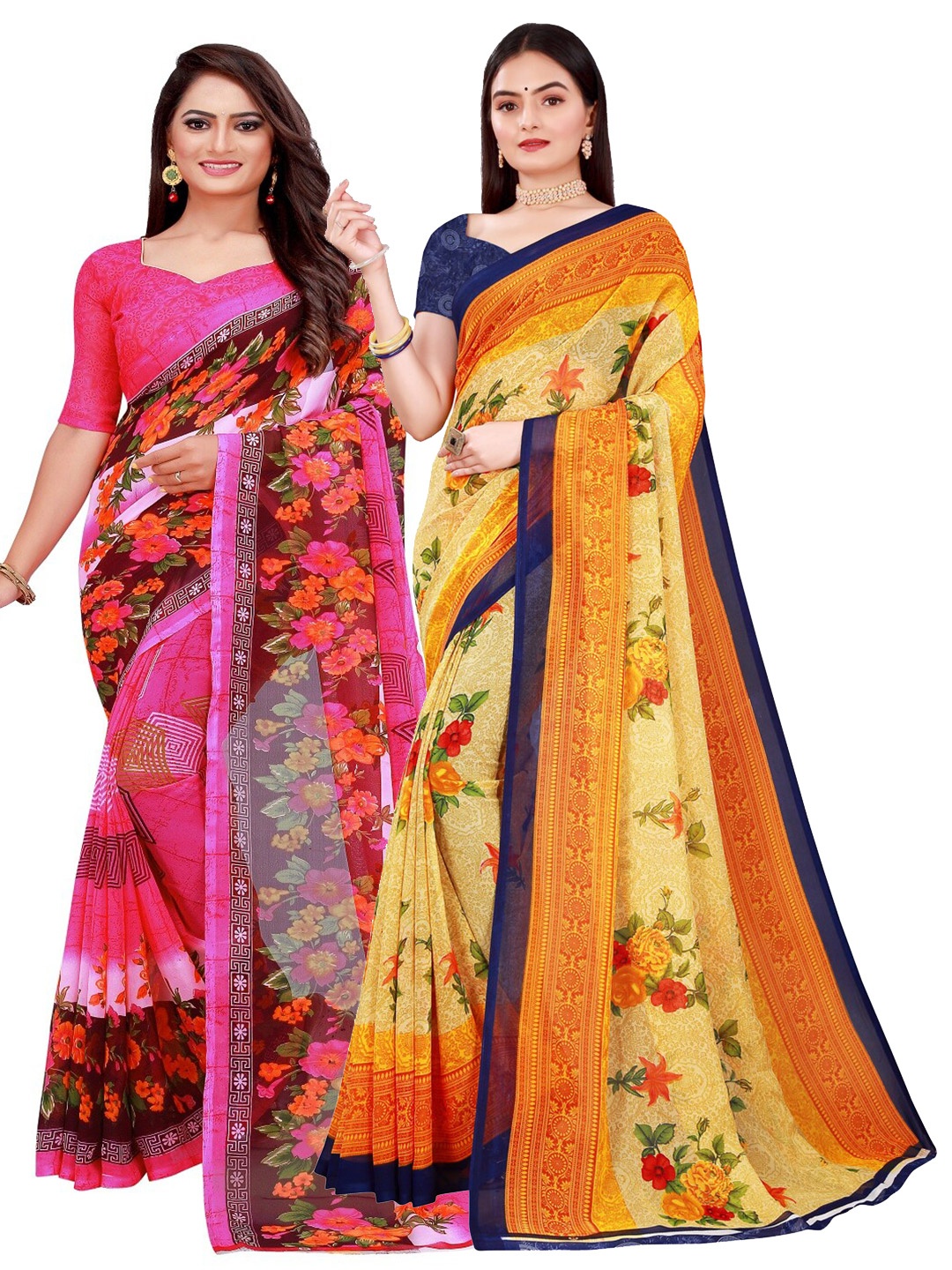 

SAADHVI Women Pack of 2 Beige & Pink Floral Printed Pure Georgette Saree