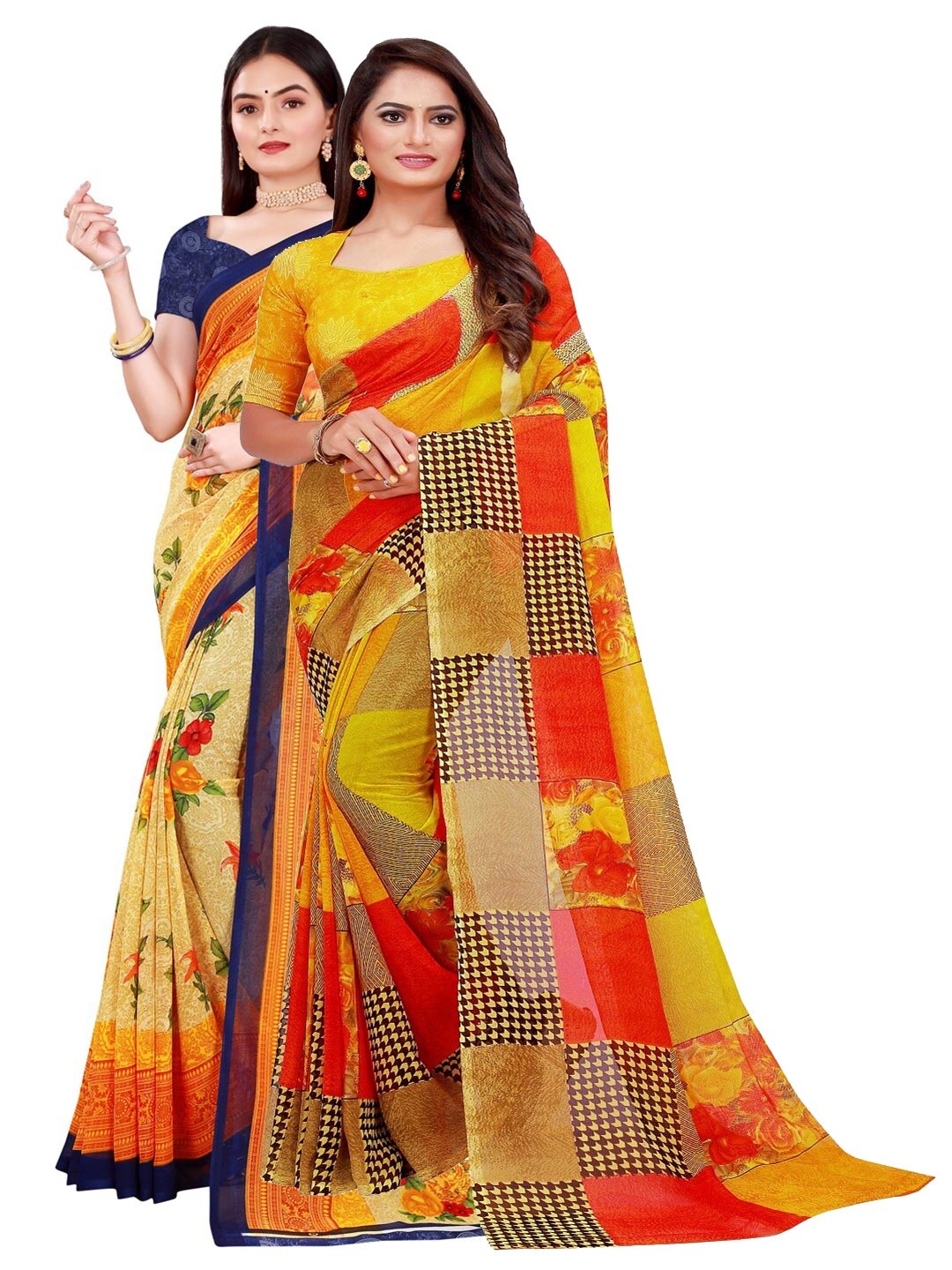

SAADHVI Pack Of 2 Beige & Blue Floral Pure Georgette Saree