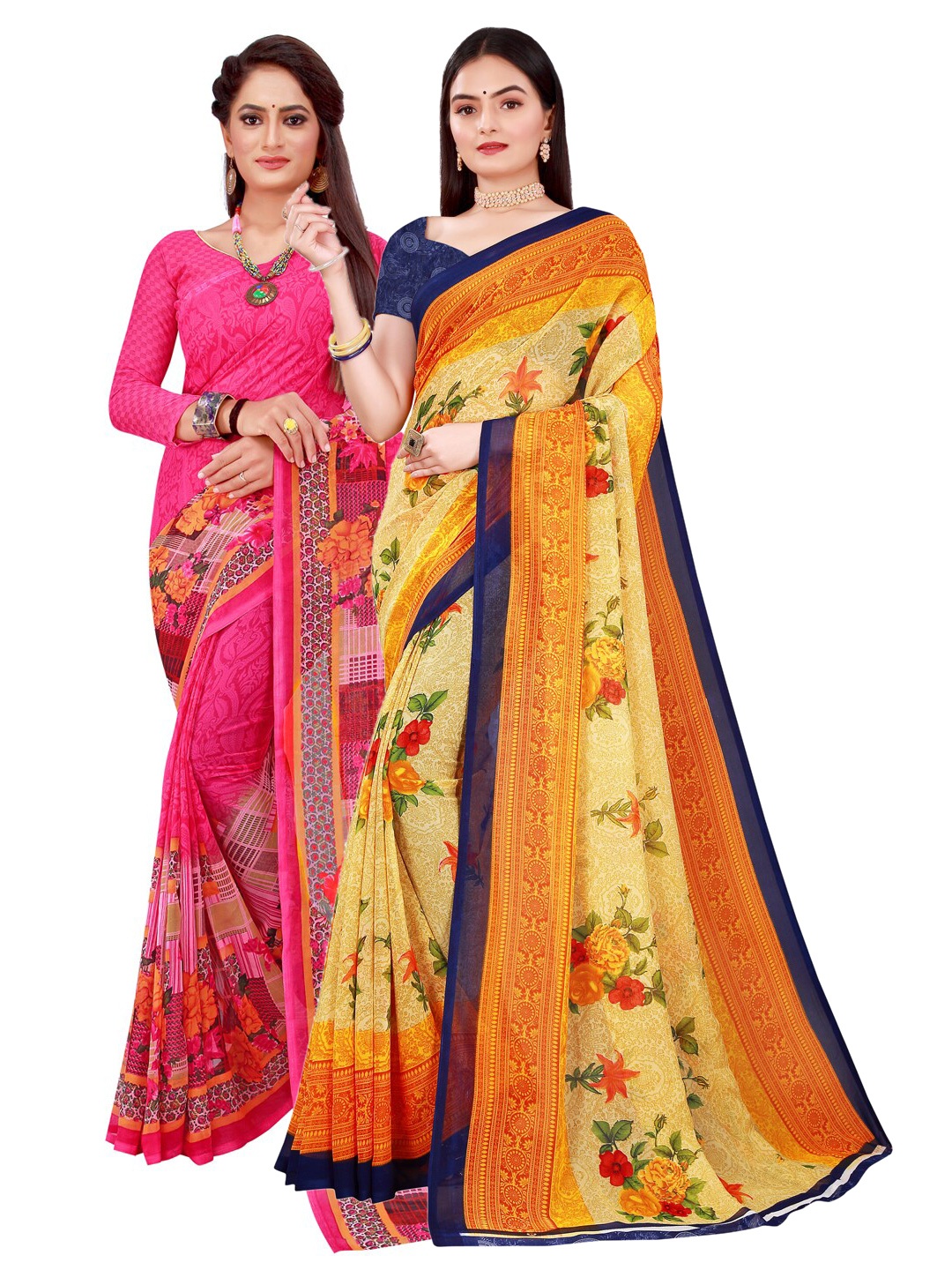 

SAADHVI Pack of 2 Pink & Beige Floral Printed Pure Georgette Saree