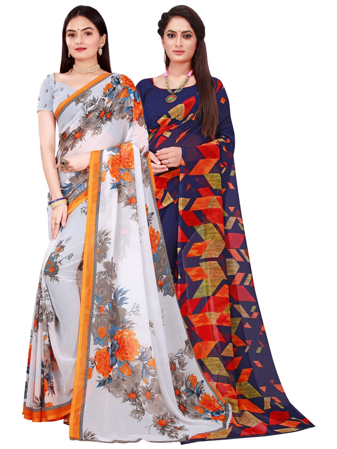 

SAADHVI Pack Of 2 White & Blue Floral Pure Georgette Saree