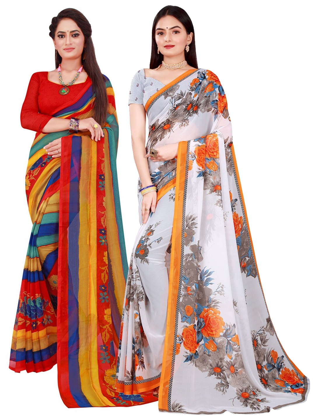 

SAADHVI White & Blue Pure Georgette Pack Of 2 Saree