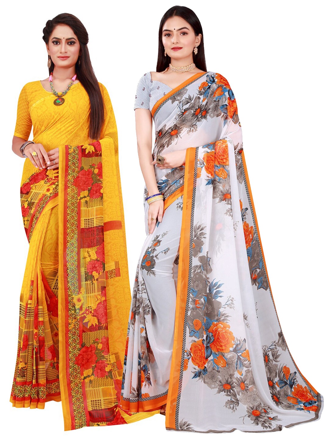 

SAADHVI White & Yellow Pack of 2 Floral Pure Georgette Saree