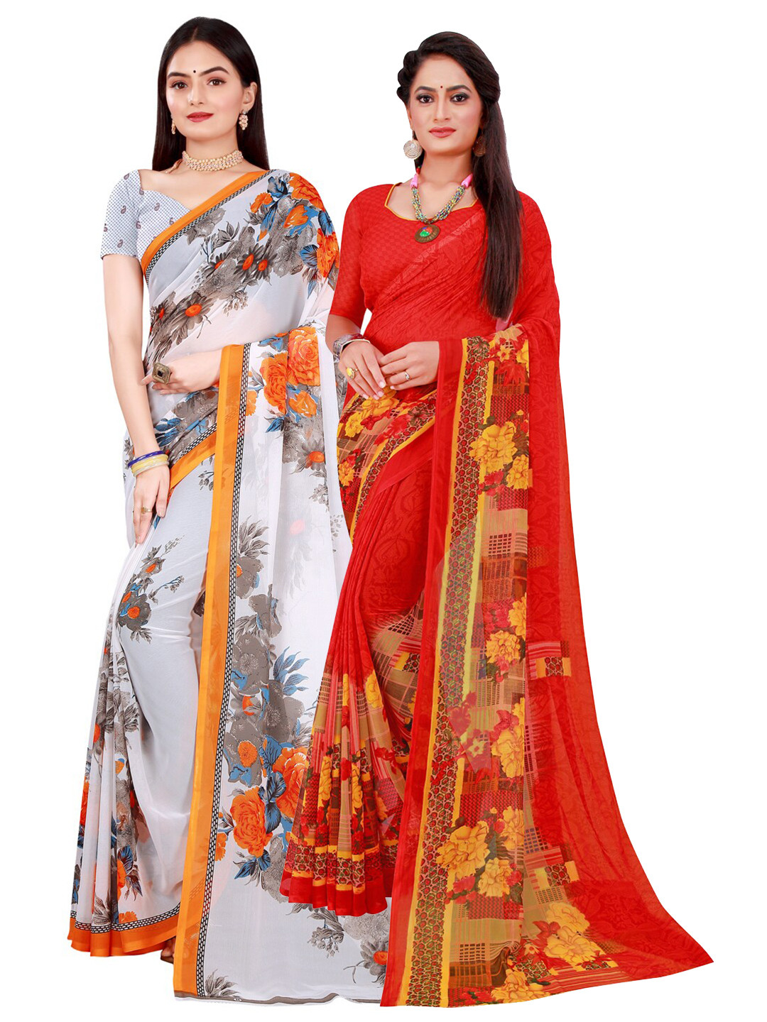 

SAADHVI Pack of 2 White & Red Floral Pure Georgette Saree