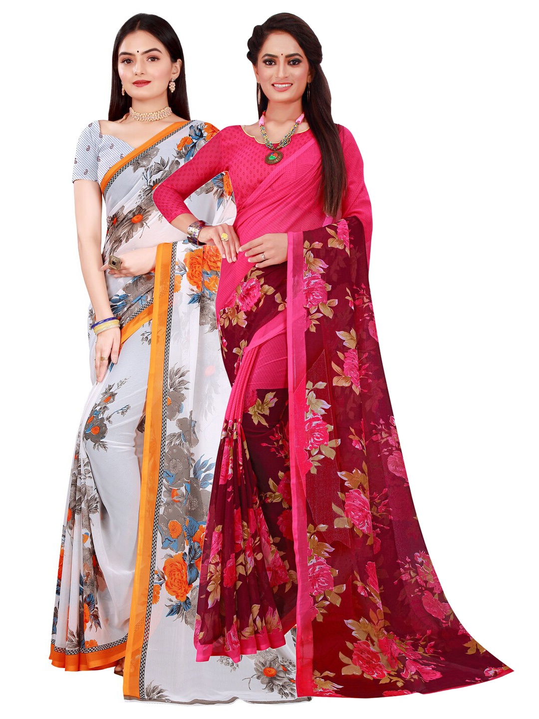 

SAADHVI White & Pink Pack of 2 Floral Pure Georgette Saree