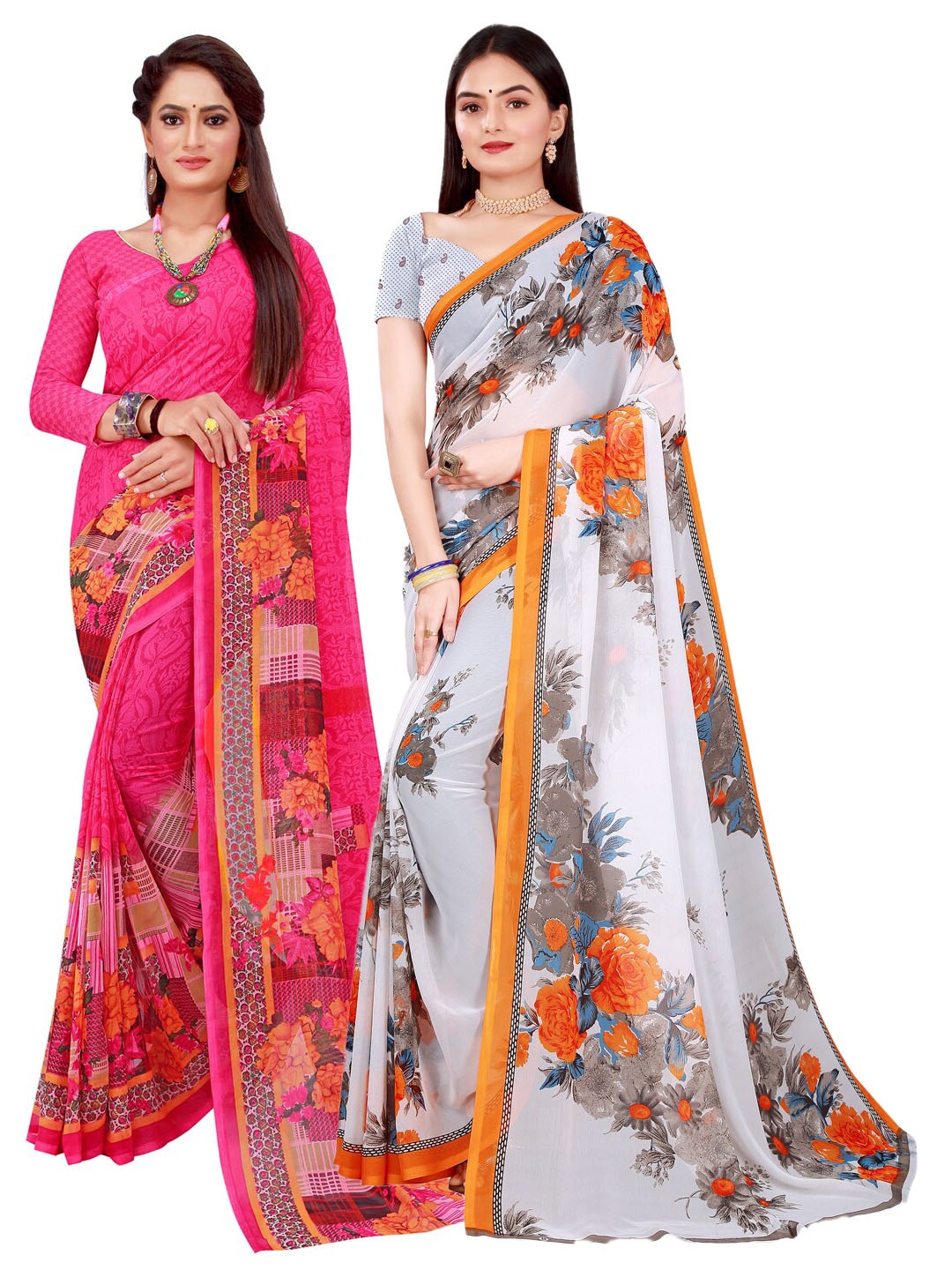 

SAADHVI 2 White & Pink Pure Georgette Saree