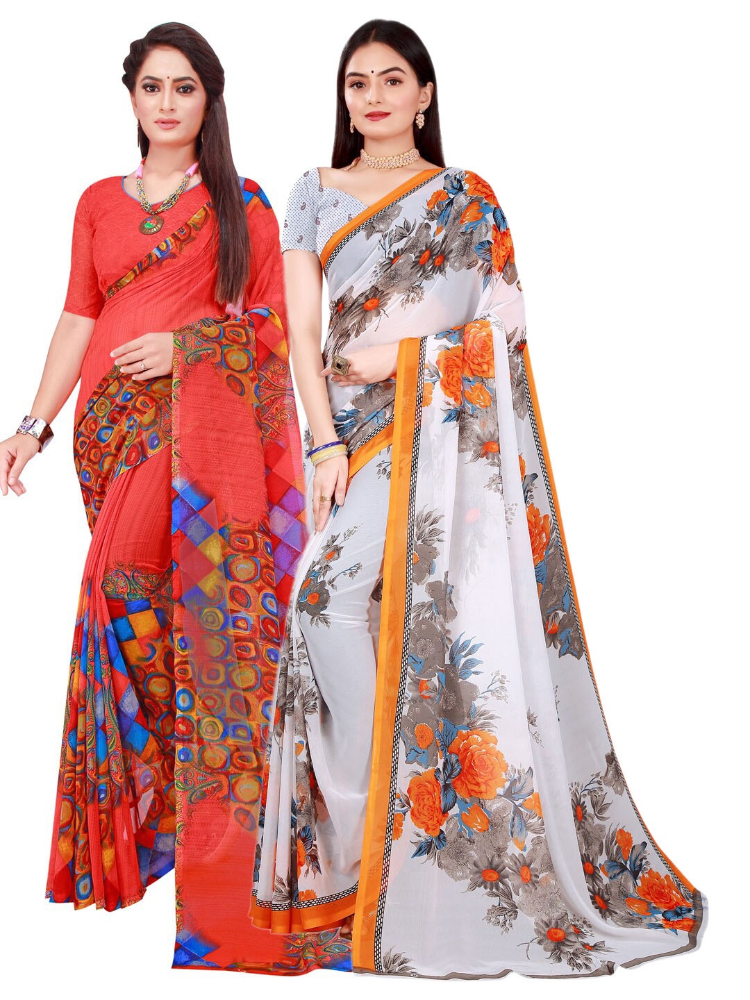 

SAADHVI Pack of 2 White & Red Floral Pure Georgette Saree