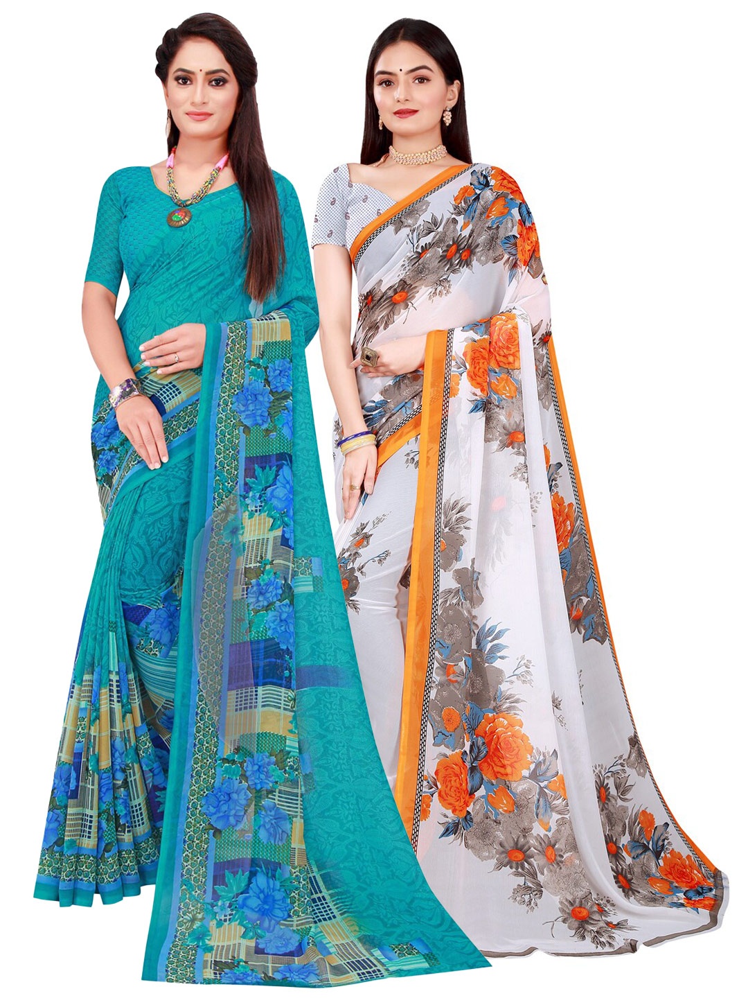 

SAADHVI White & Turquoise Blue Pure Georgette Saree