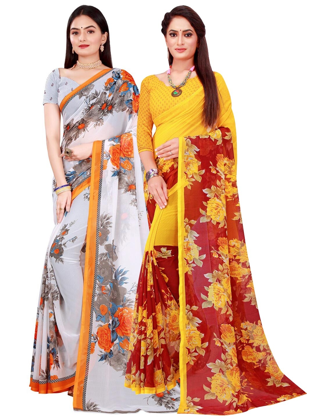 

SAADHVI Set Of 2 White & Yellow Floral Pure Georgette Saree