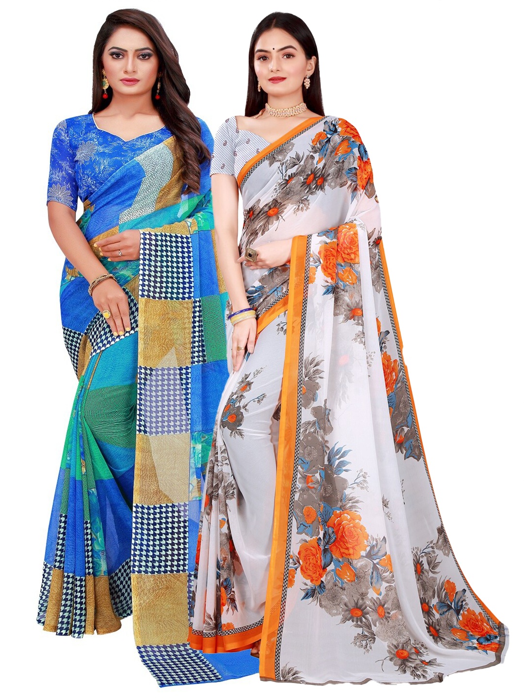 

SAADHVI White & Blue Floral Pure Georgette Saree Pack of 2