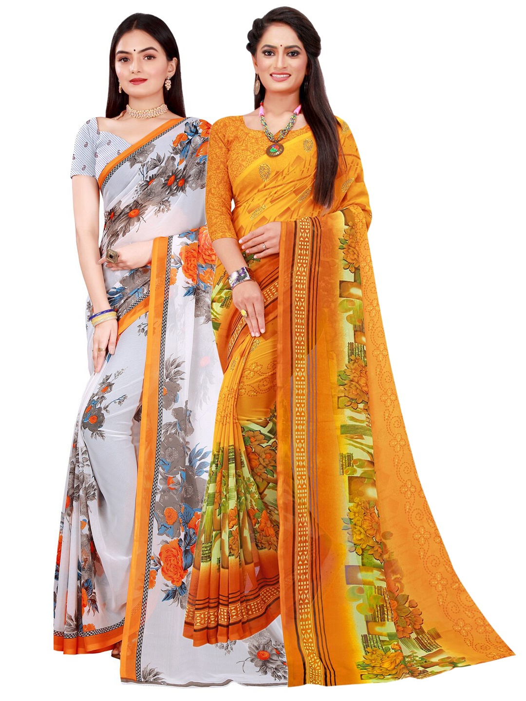 

SAADHVI Pack Of 2 White & Yellow Floral Pure Georgette Saree