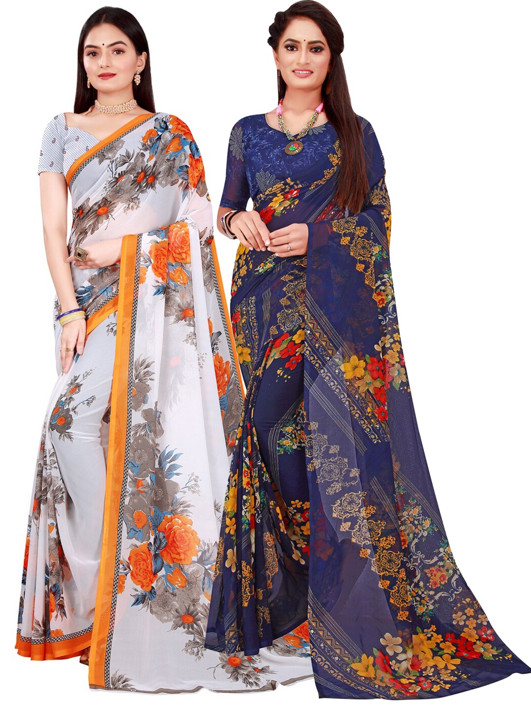 

SAADHVI White & Blue Pack of 2 Pure Georgette Saree