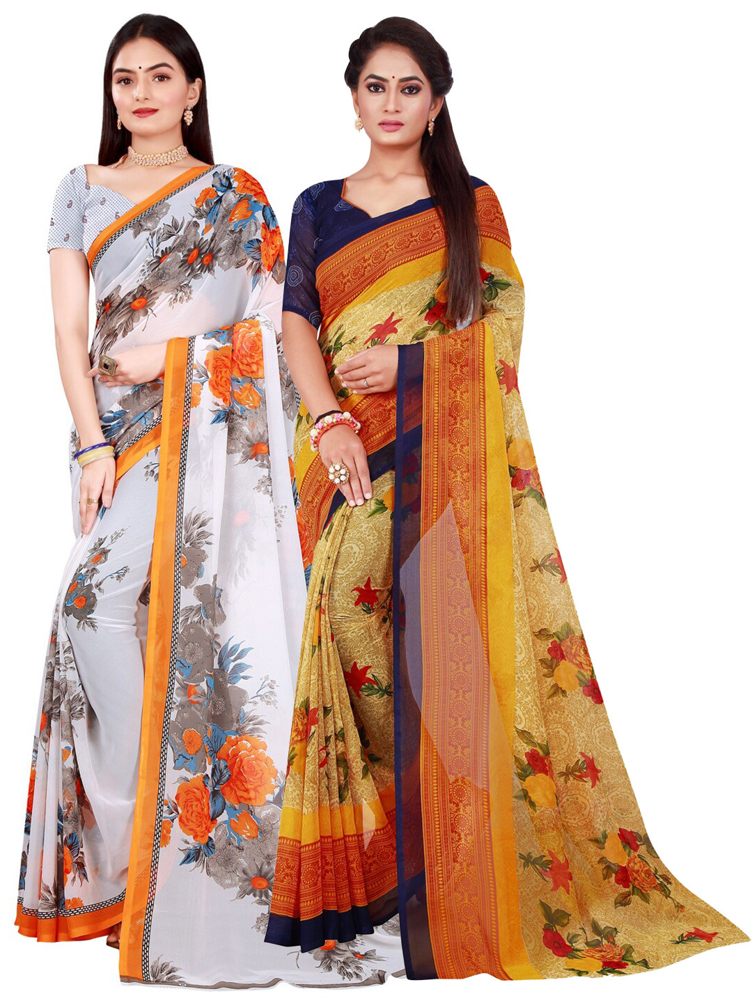 

SAADHVI Pack of 2 White & Beige Pure Georgette Saree