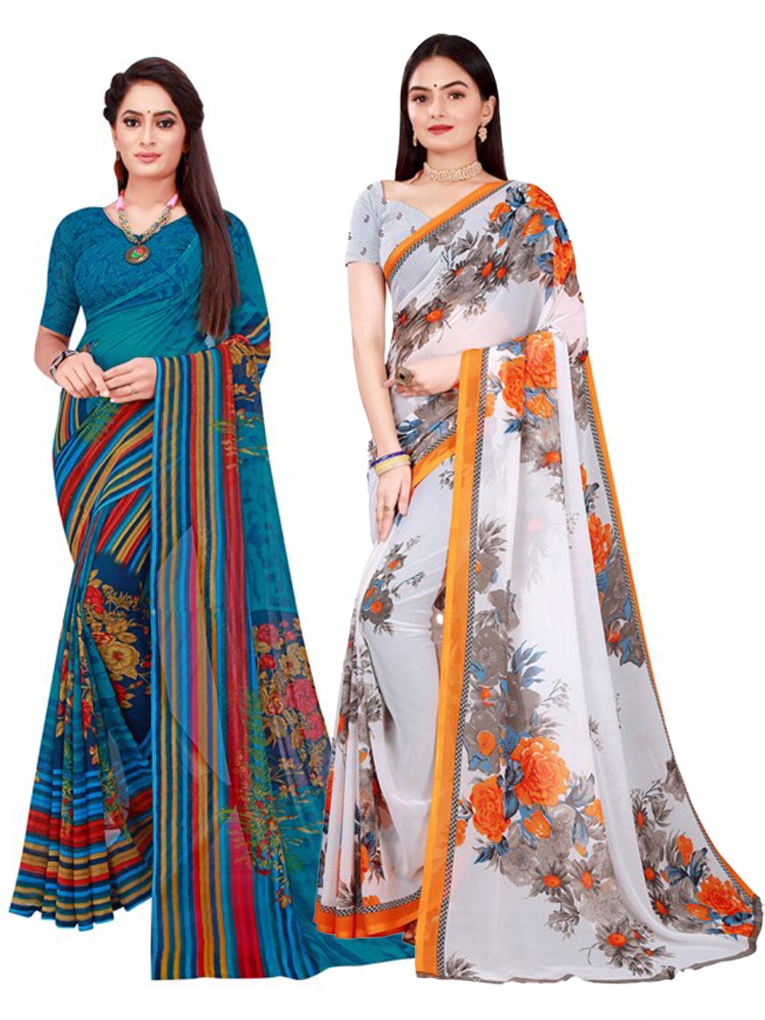 

SAADHVI Pack of 2 White & Blue Floral Pure Georgette Saree