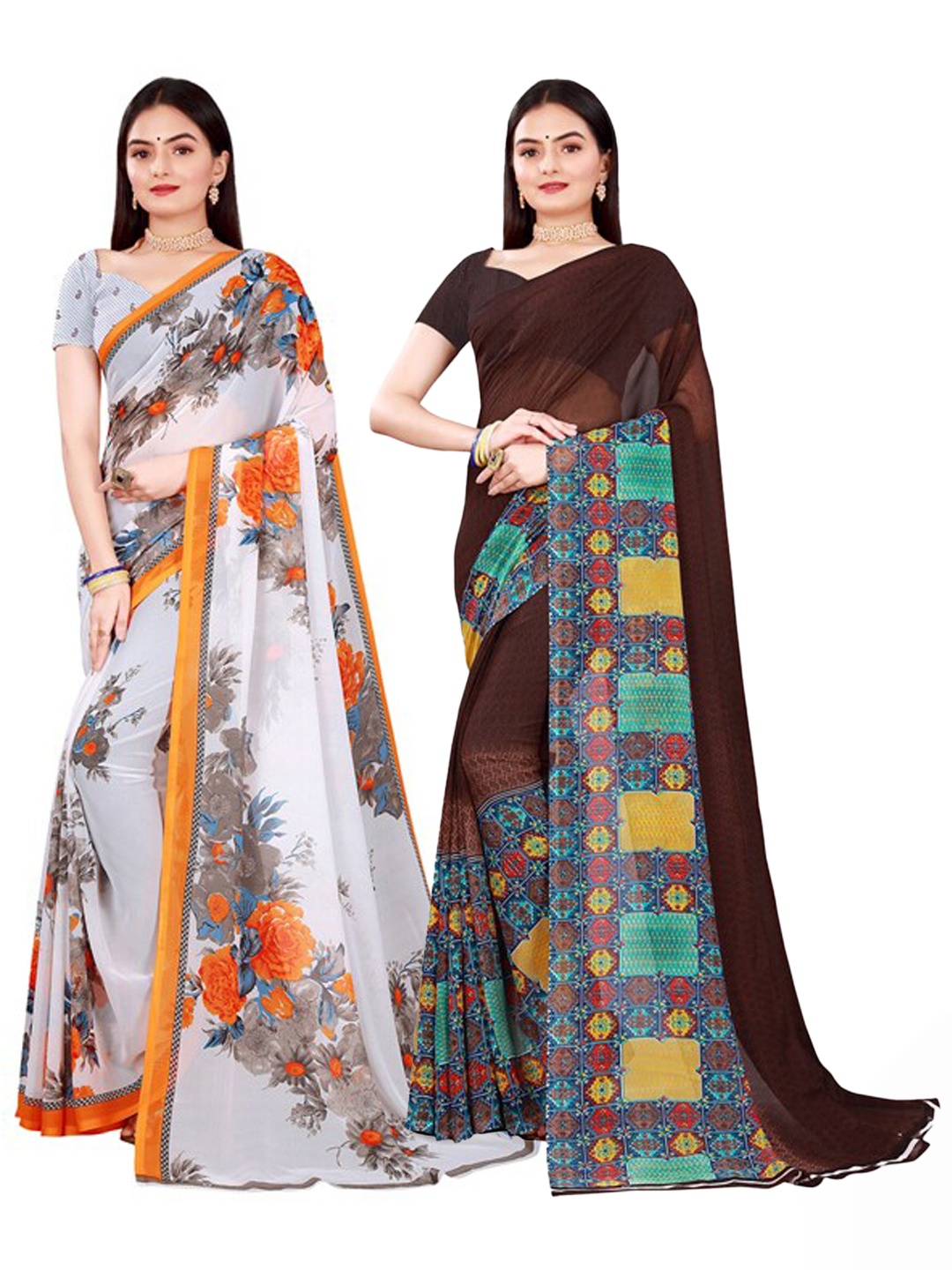 

SAADHVI Pack of 2 White & Brown Floral Pure Georgette Saree