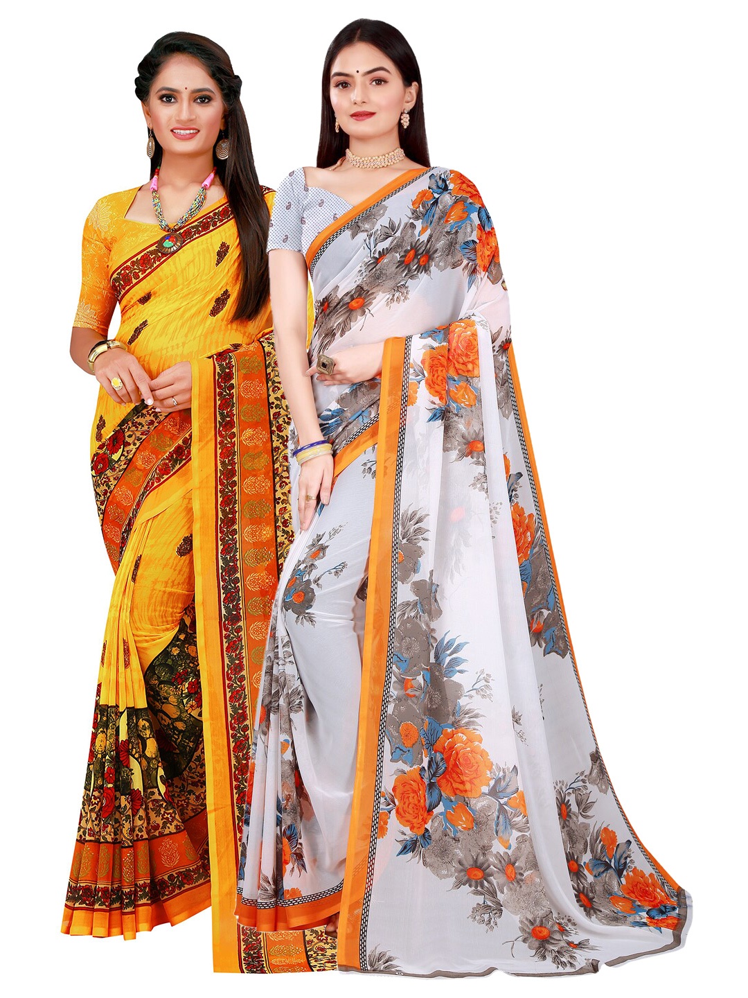 

SAADHVI Women's Georgette Set Of 2 White And Yellow Printed Saree