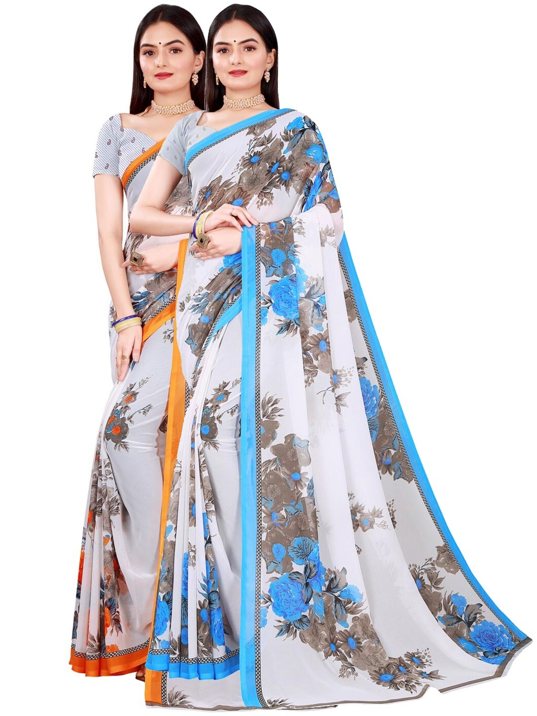 

SAADHVI Pack Of 2 Floral Pure Georgette Saree, White