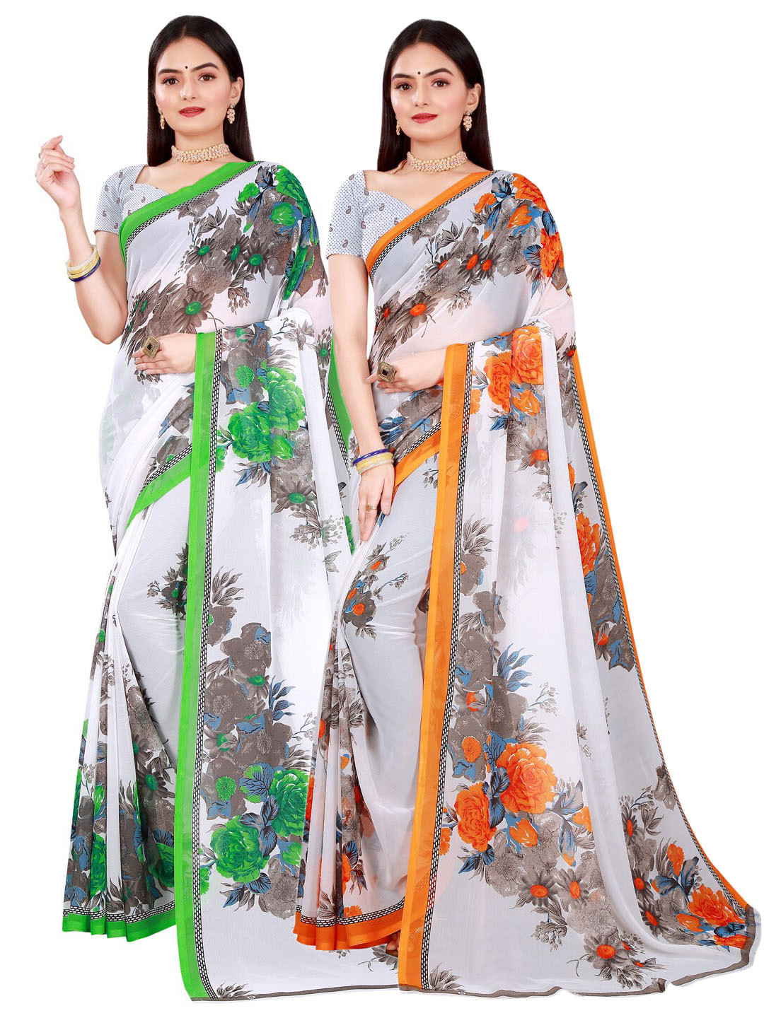 

SAADHVI White & Grey Pure Georgette Saree
