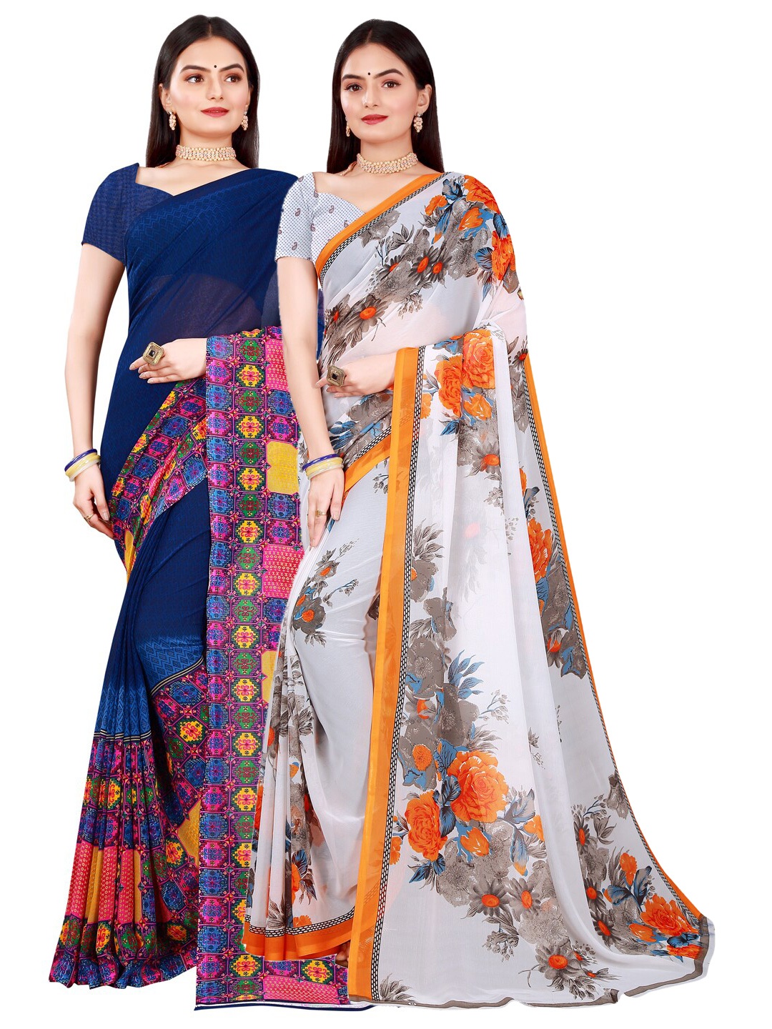 

SAADHVI Pack of 2 White & Blue Floral Pure Georgette Saree