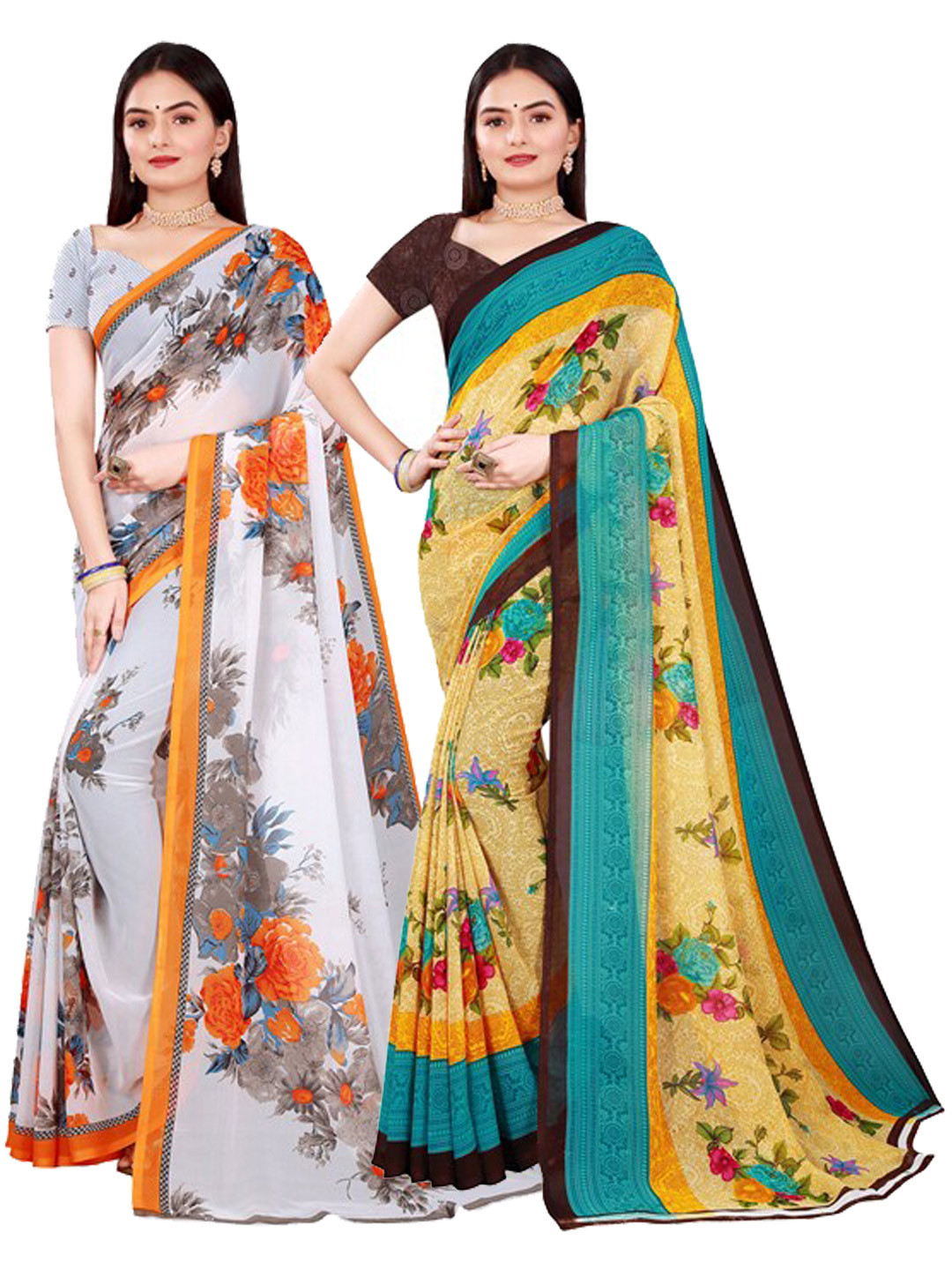 

SAADHVI Pack Of 2 White & Yellow Floral Pure Georgette Saree