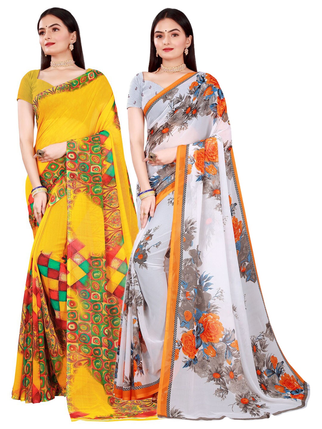 

SAADHVI Pack of 2 White & Yellow Floral Pure Georgette Saree