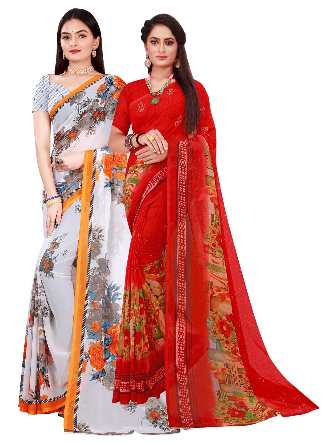 

SAADHVI Pack of 2 White & Red Pure Georgette Sarees
