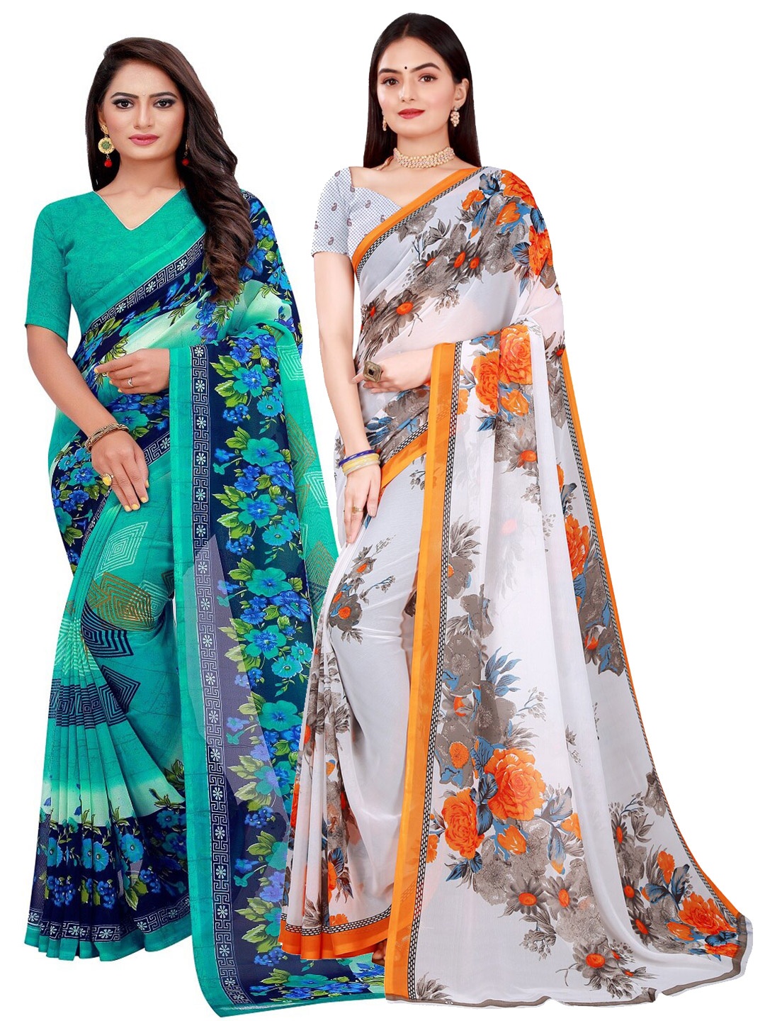 

SAADHVI White & Blue Pure Georgette Pack Of 2 Saree