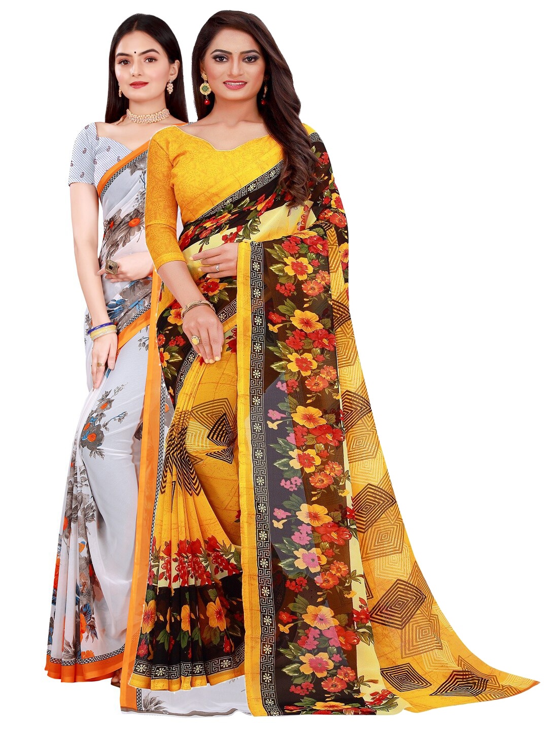 

SAADHVI Pack of 2 White & Yellow Floral Pure Georgette Saree