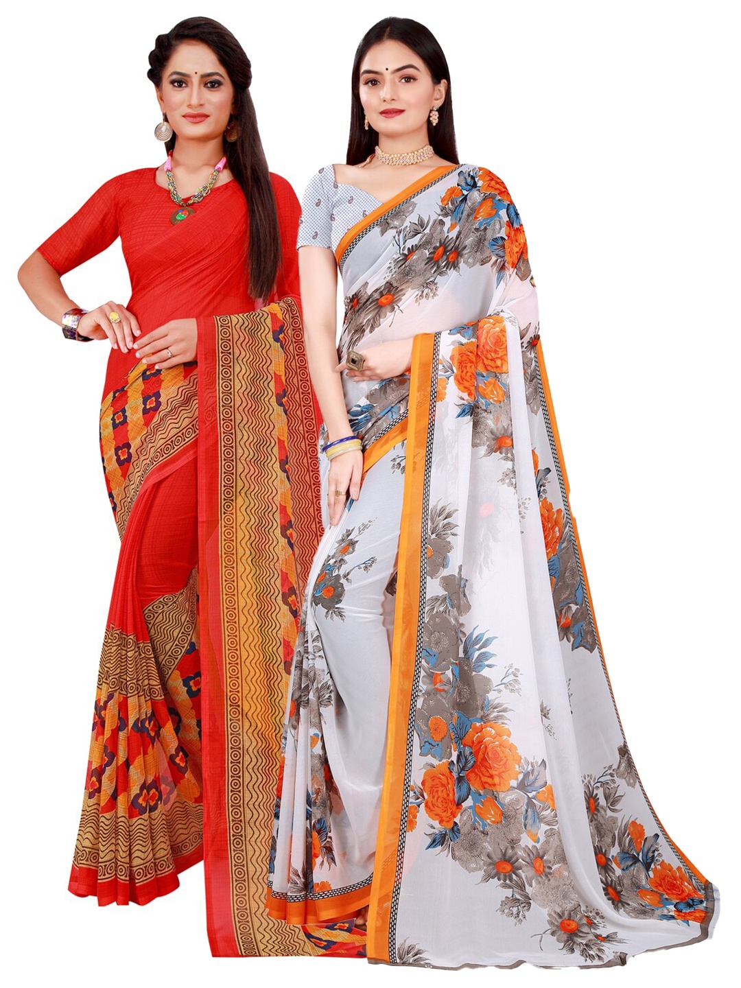 

SAADHVI Set Of 2 White & Red Floral Pure Georgette Saree