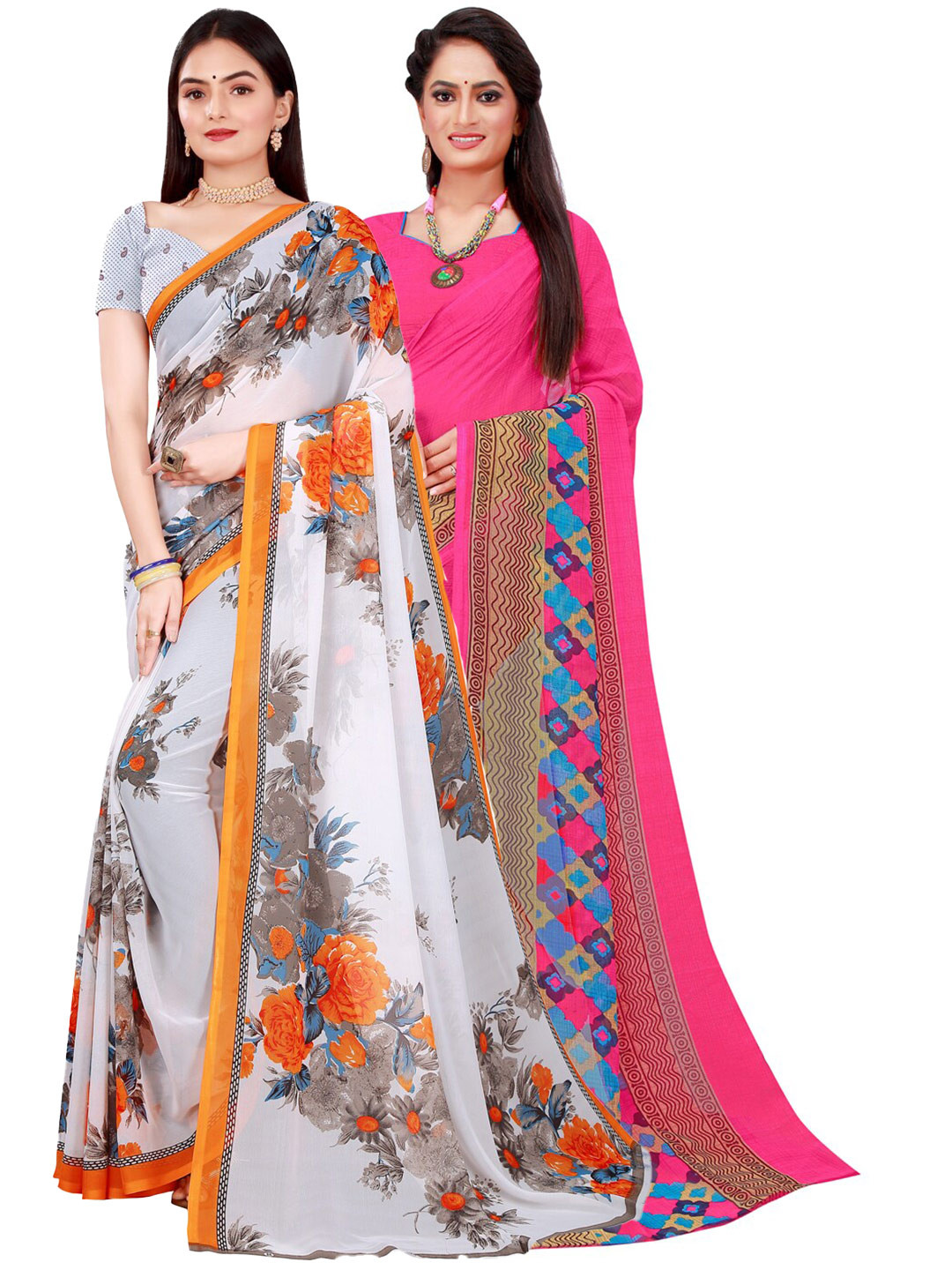 

SAADHVI Pack of 2 White & Pink Floral Pure Georgette Saree