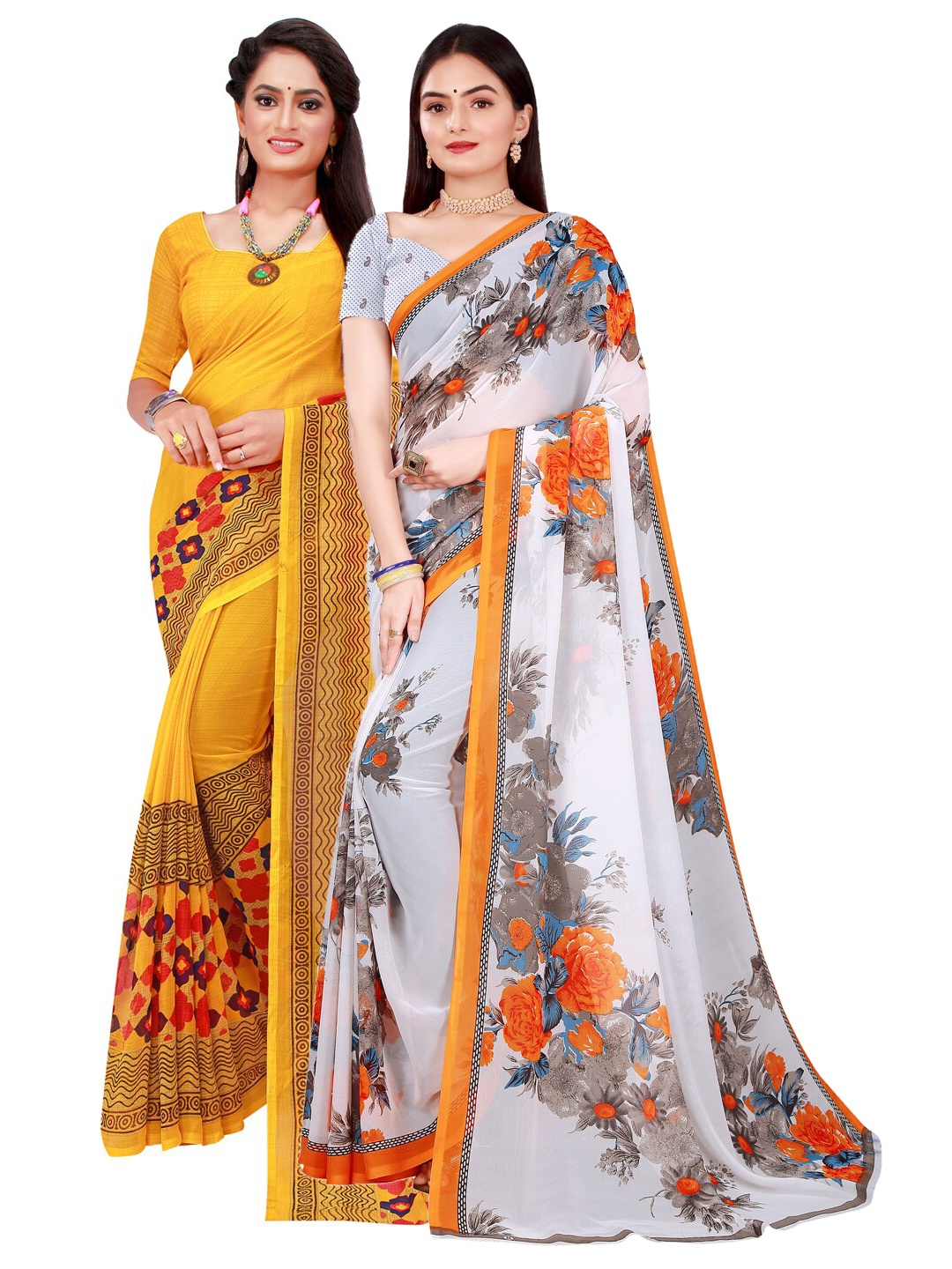 

SAADHVI White & Yellow Pure Georgette Saree