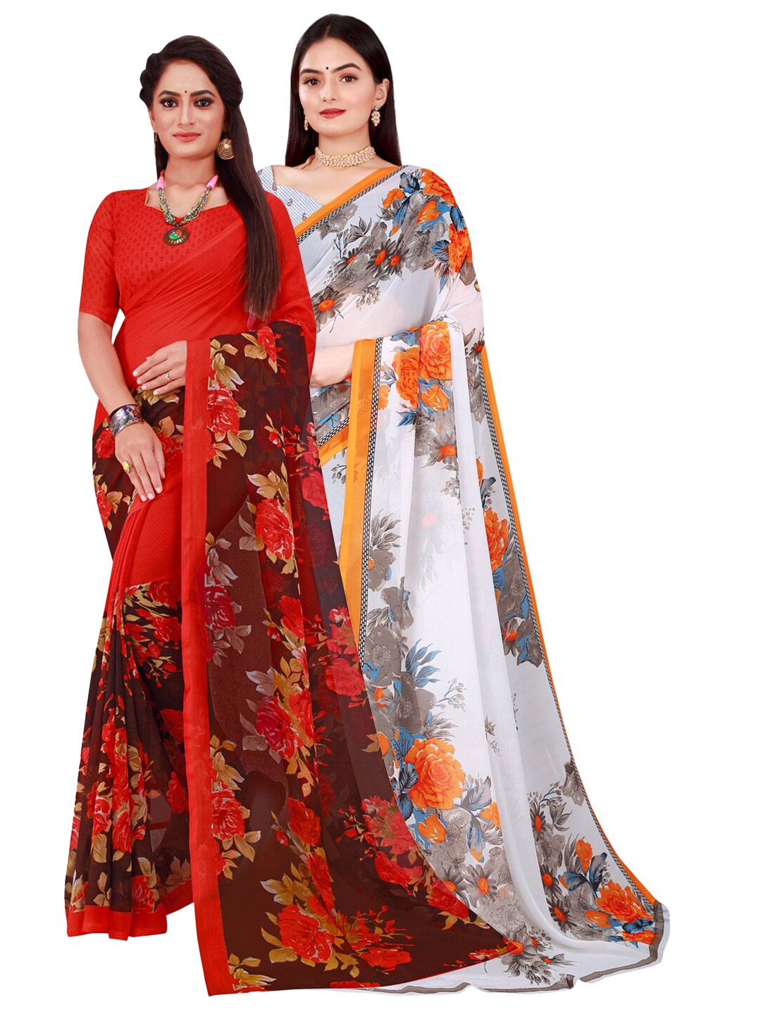 

SAADHVI White & Red Pure Georgette Saree