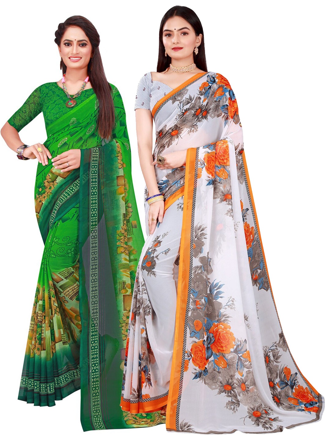 

SAADHVI Pack Of 2 Women White & Green Floral Pure Georgette Saree