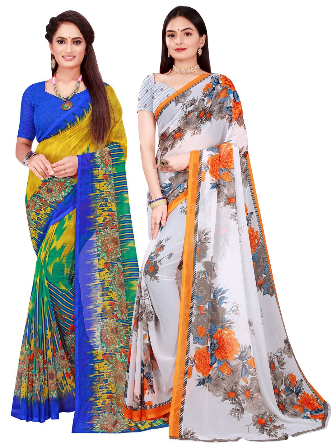 

SAADHVI Pack of 2 White & Yellow Floral Printed Pure Georgette Saree