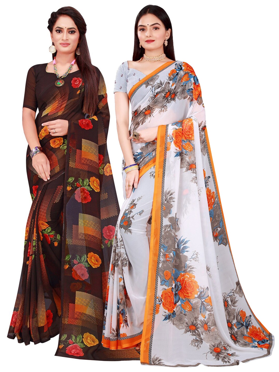 

SAADHVI Women Pack of 2 White & Brown Printed Pure Georgette Saree