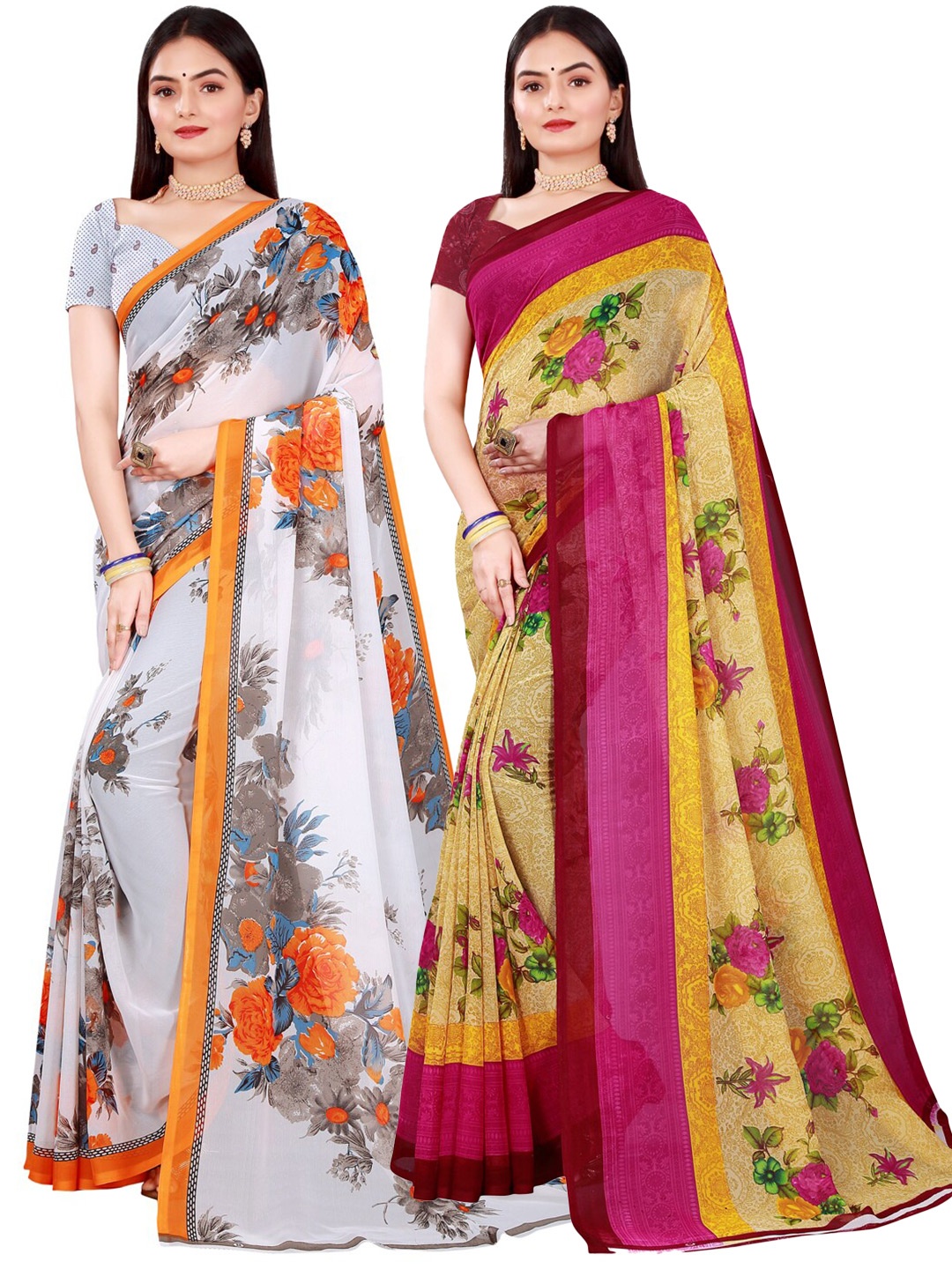 

SAADHVI Set of 2 White & Yellow Floral Pure Georgette Saree